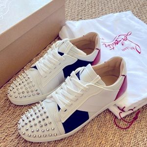 Christian Louboutin Spike Sneakers. Women. Size 39. White, navy & red.